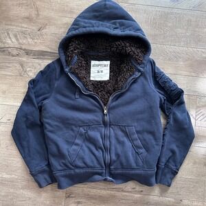 Y2K Aeropostale Mens Sherpa Fur Lined Full Zip Navy Blue/Brown Jacket M